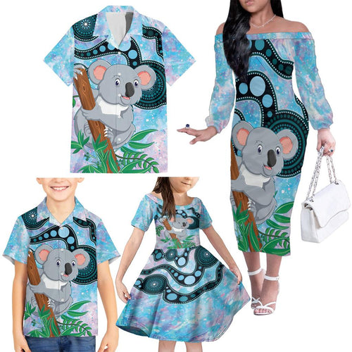 Australia Opal Koala Family Matching Off Shoulder Long Sleeve Dress and Hawaiian Shirt Aussie Aboriginal Art