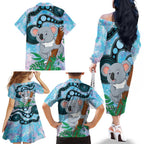 Australia Opal Koala Family Matching Off Shoulder Long Sleeve Dress and Hawaiian Shirt Aussie Aboriginal Art