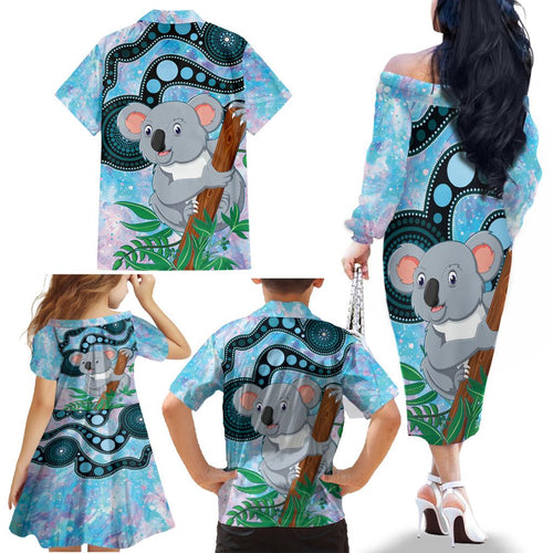 Australia Opal Koala Family Matching Off Shoulder Long Sleeve Dress and Hawaiian Shirt Aussie Aboriginal Art