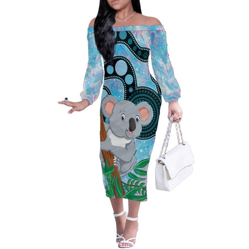Australia Opal Koala Family Matching Off Shoulder Long Sleeve Dress and Hawaiian Shirt Aussie Aboriginal Art