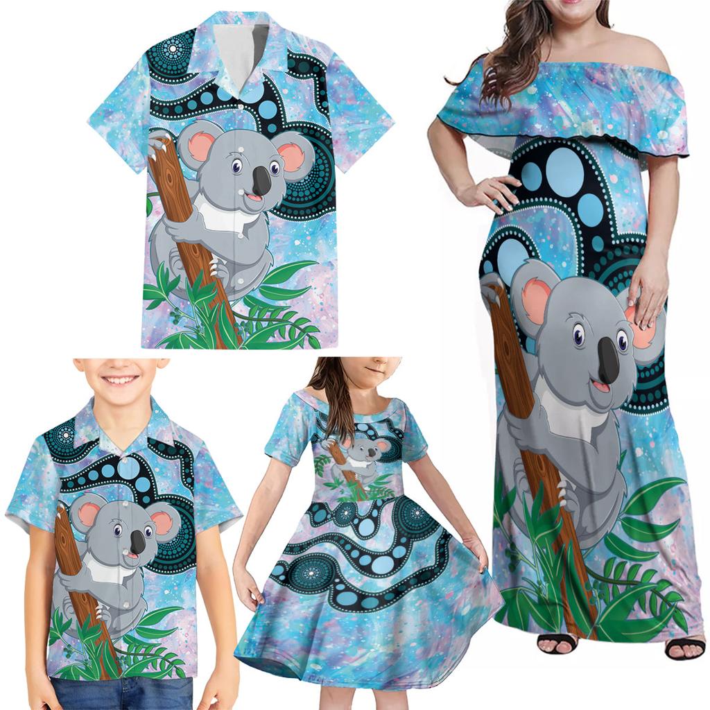 Australia Opal Koala Family Matching Off Shoulder Maxi Dress and Hawaiian Shirt Aussie Aboriginal Art