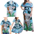 Australia Opal Koala Family Matching Off Shoulder Maxi Dress and Hawaiian Shirt Aussie Aboriginal Art