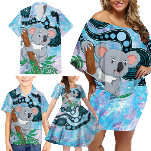 Australia Opal Koala Family Matching Off Shoulder Short Dress and Hawaiian Shirt Aussie Aboriginal Art