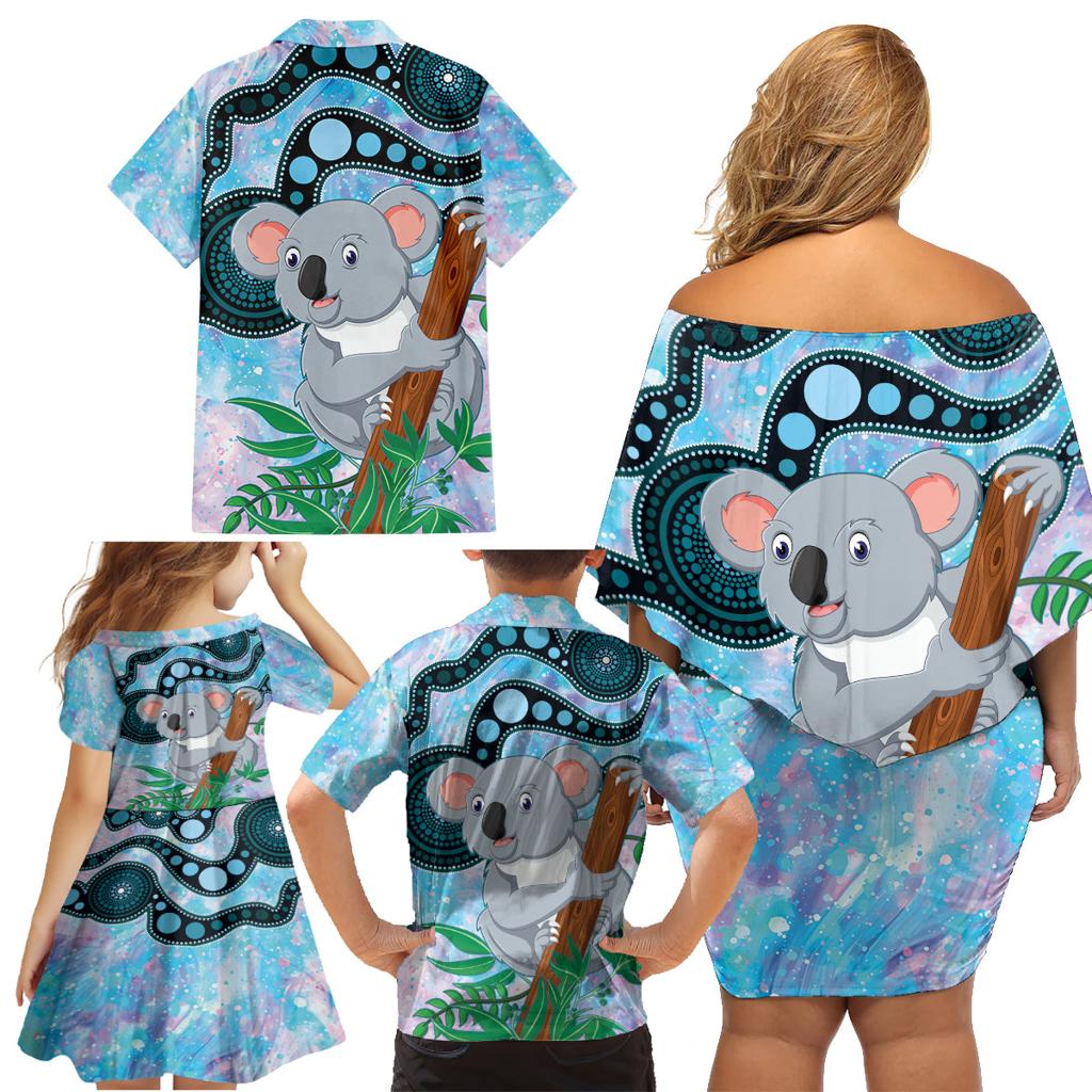 Australia Opal Koala Family Matching Off Shoulder Short Dress and Hawaiian Shirt Aussie Aboriginal Art
