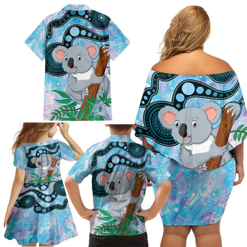Australia Opal Koala Family Matching Off Shoulder Short Dress and Hawaiian Shirt Aussie Aboriginal Art