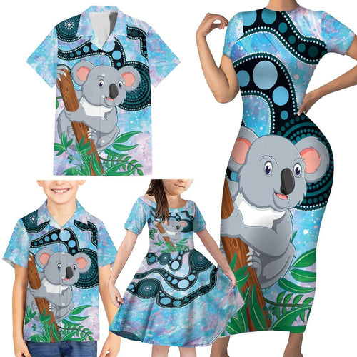 Australia Opal Koala Family Matching Short Sleeve Bodycon Dress and Hawaiian Shirt Aussie Aboriginal Art