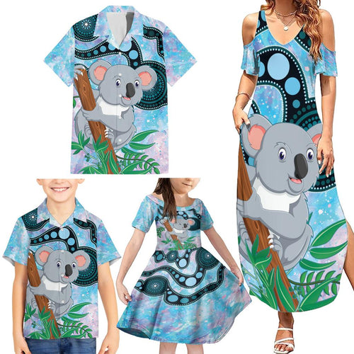 Australia Opal Koala Family Matching Summer Maxi Dress and Hawaiian Shirt Aussie Aboriginal Art