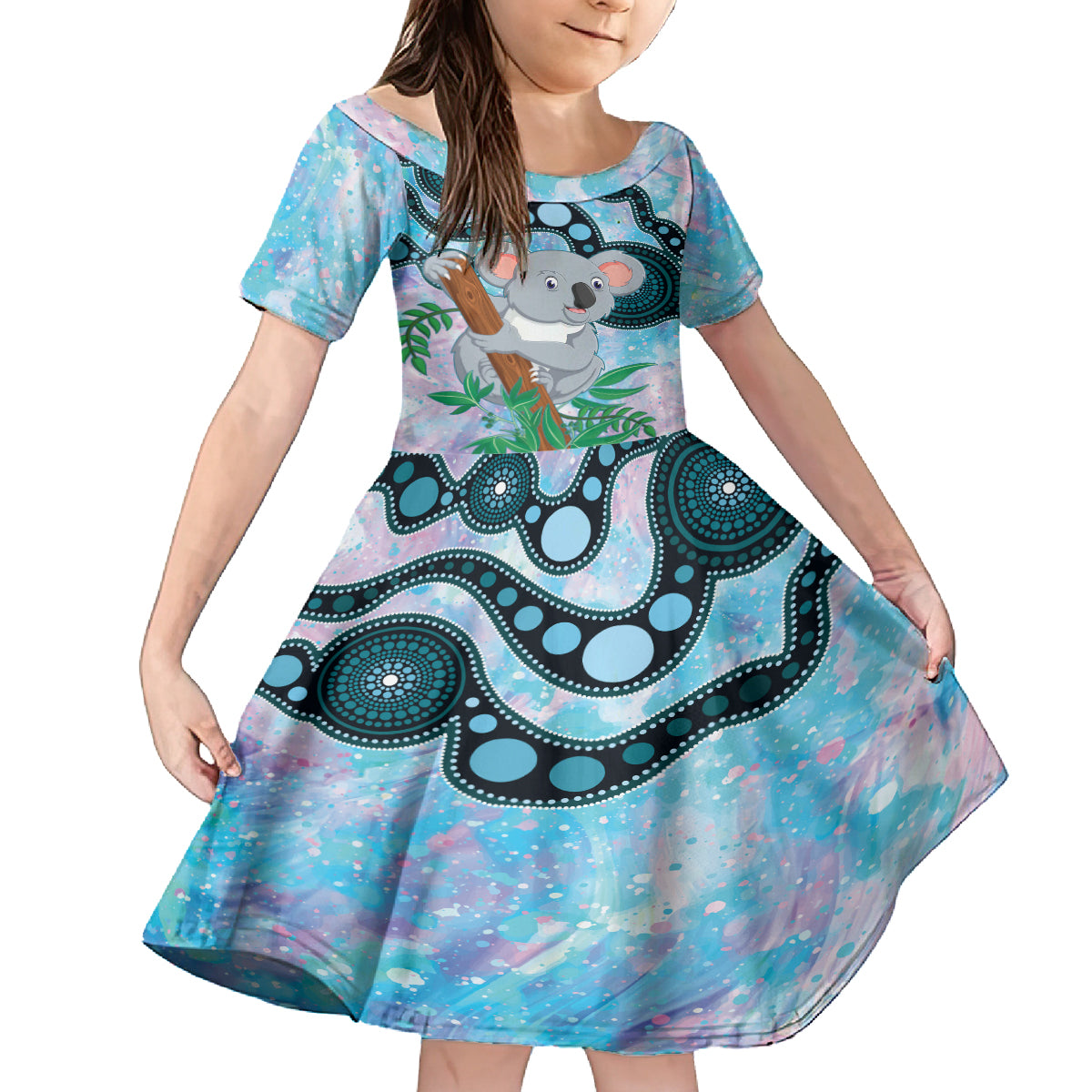 Australia Opal Koala Kid Short Sleeve Dress Aussie Aboriginal Art
