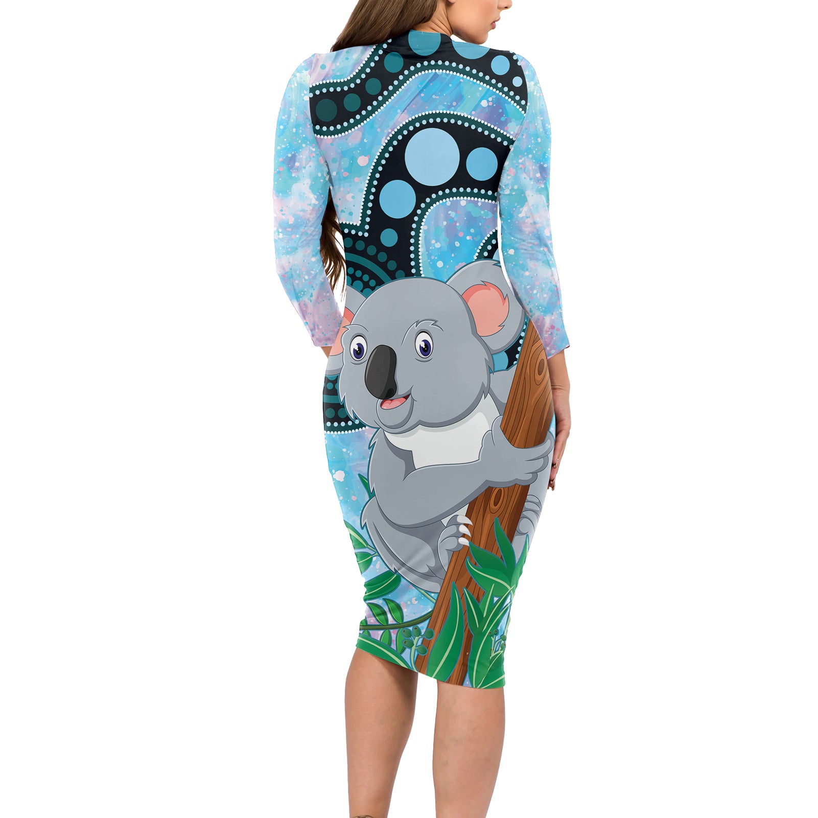 Australia Opal Koala Long Sleeve Bodycon Dress Aussie Aboriginal Art