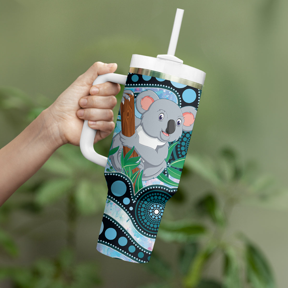 Australia Opal Koala Tumbler With Handle Aussie Aboriginal Art