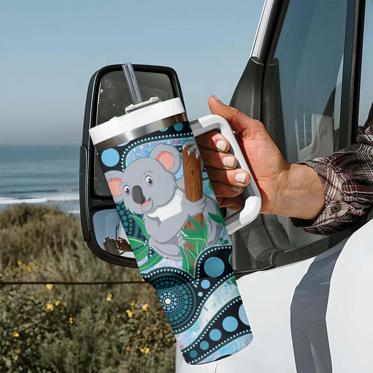Australia Opal Koala Tumbler With Handle Aussie Aboriginal Art