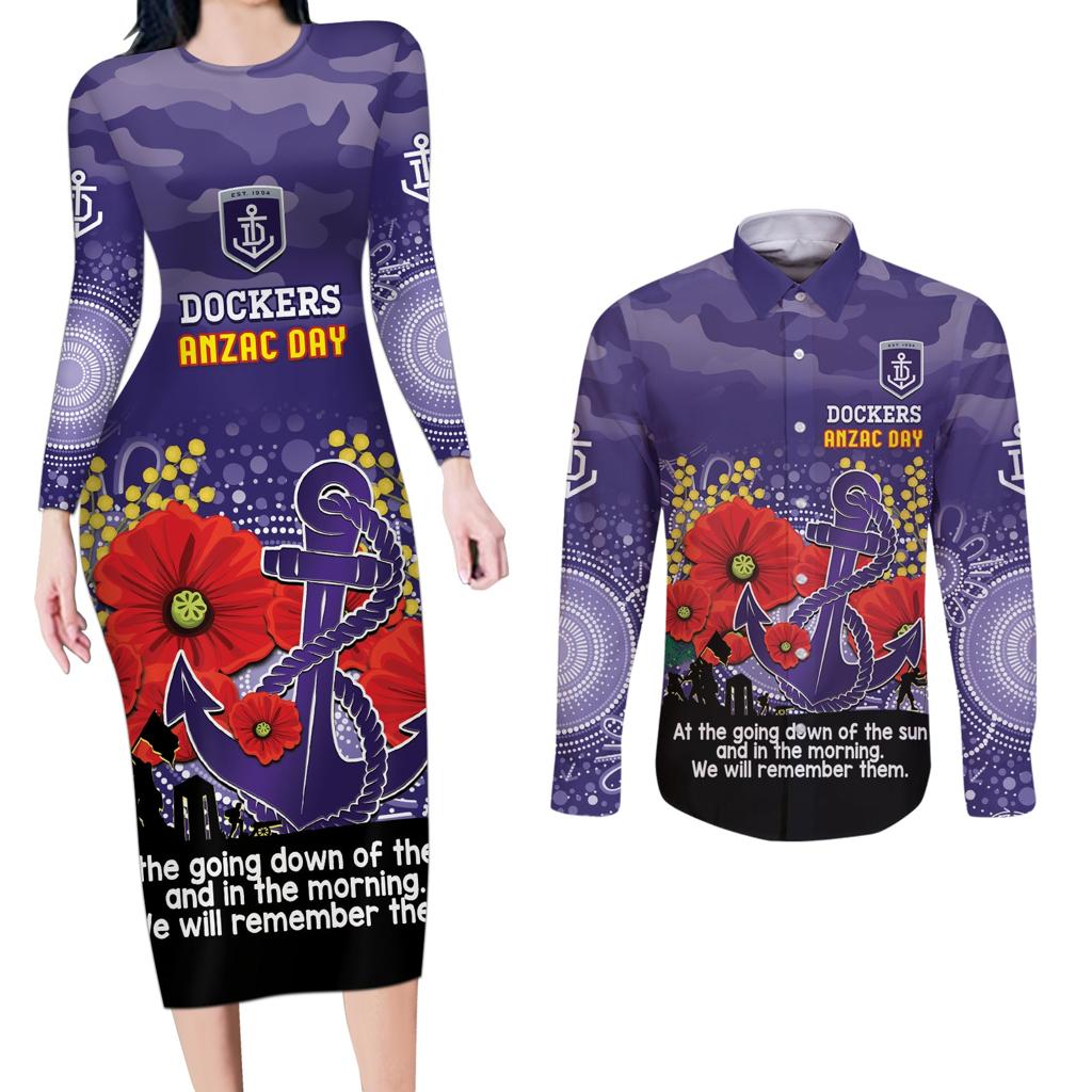 Custom Dockers Football ANZAC Couples Matching Long Sleeve Bodycon Dress and Long Sleeve Button Shirt Gallipoli Camouflage With Poppies