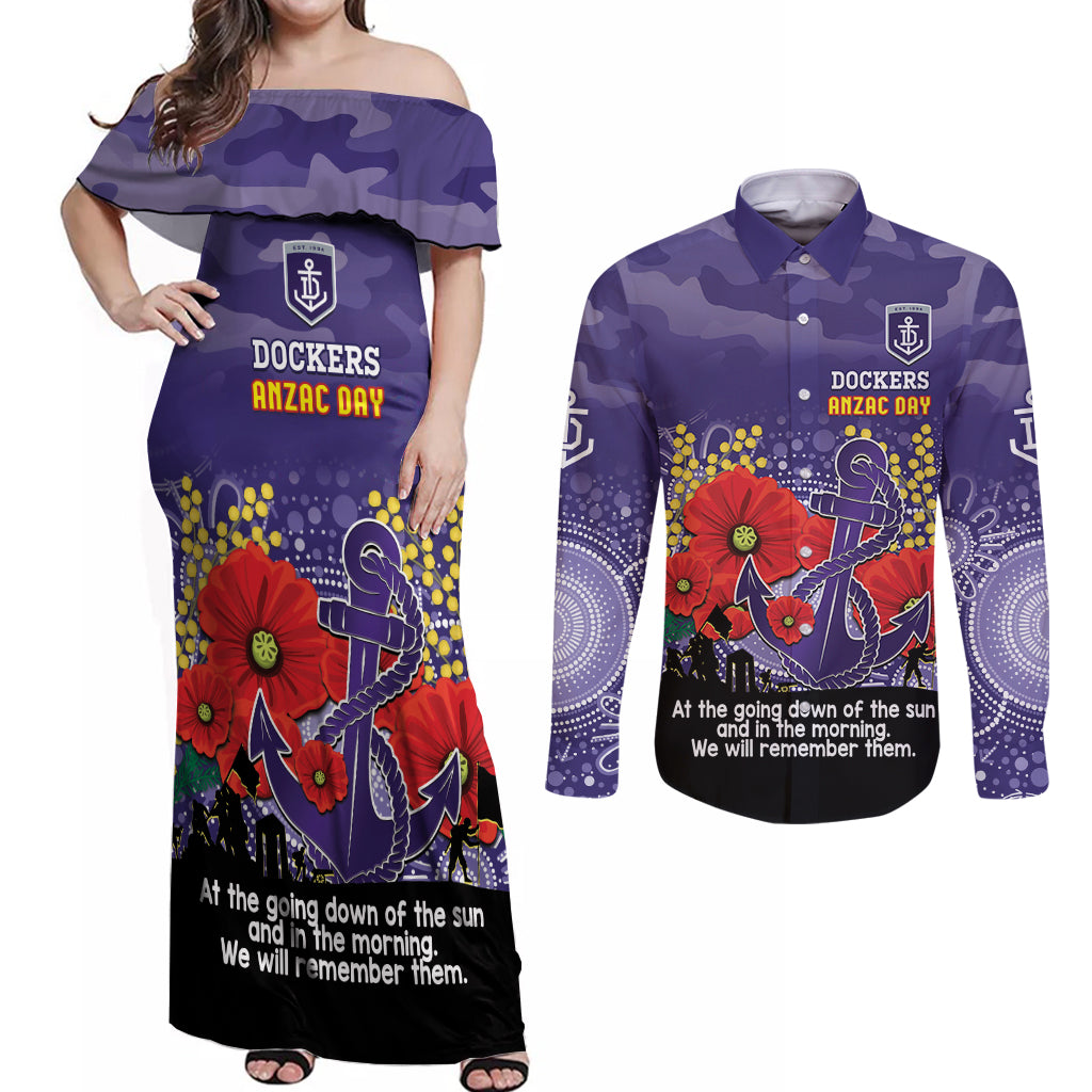Custom Dockers Football ANZAC Couples Matching Off Shoulder Maxi Dress and Long Sleeve Button Shirt Gallipoli Camouflage With Poppies
