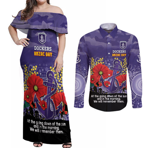 Custom Dockers Football ANZAC Couples Matching Off Shoulder Maxi Dress and Long Sleeve Button Shirt Gallipoli Camouflage With Poppies