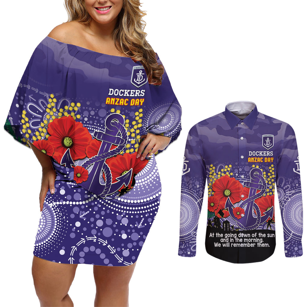 Custom Dockers Football ANZAC Couples Matching Off Shoulder Short Dress and Long Sleeve Button Shirt Gallipoli Camouflage With Poppies