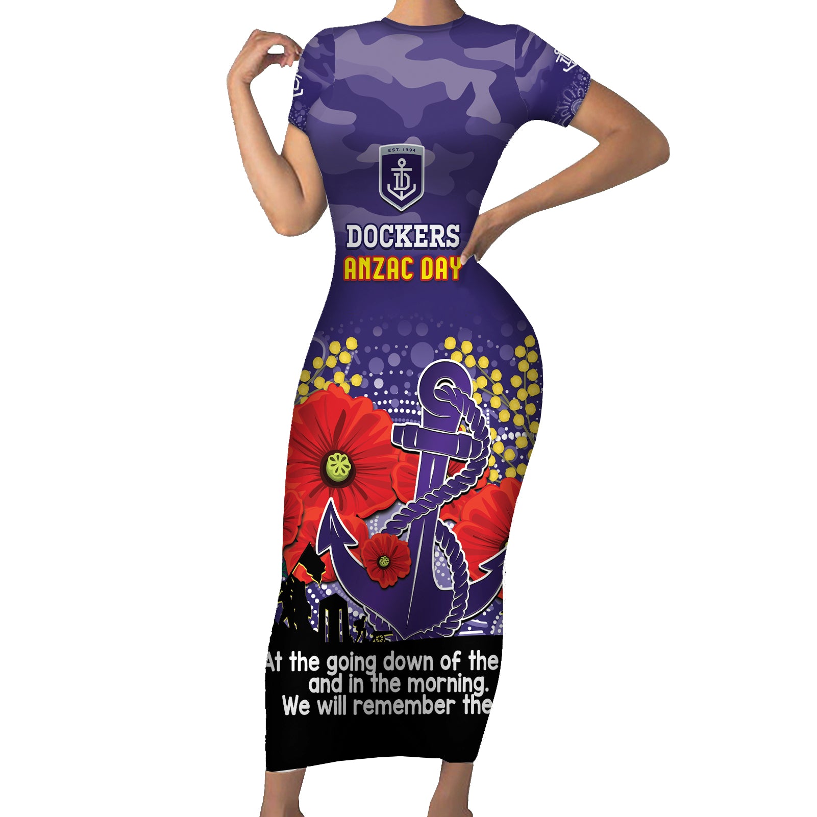 Custom Dockers Football ANZAC Short Sleeve Bodycon Dress Gallipoli Camouflage With Poppies
