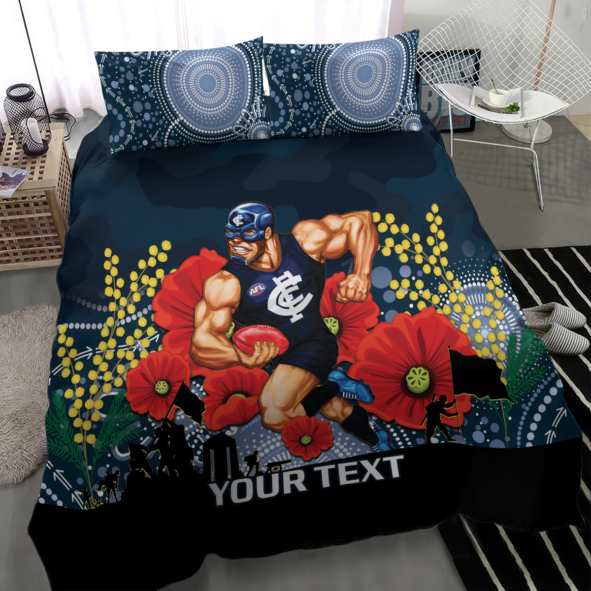 Custom Blues Football ANZAC Bedding Set Gallipoli Camouflage With Poppies