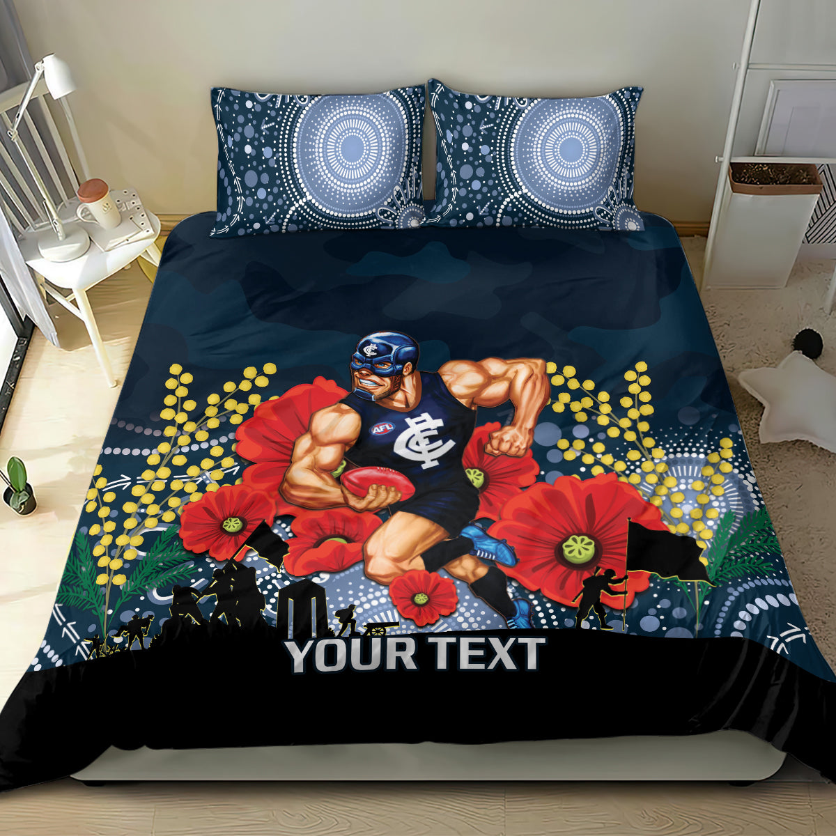 Custom Blues Football ANZAC Bedding Set Gallipoli Camouflage With Poppies