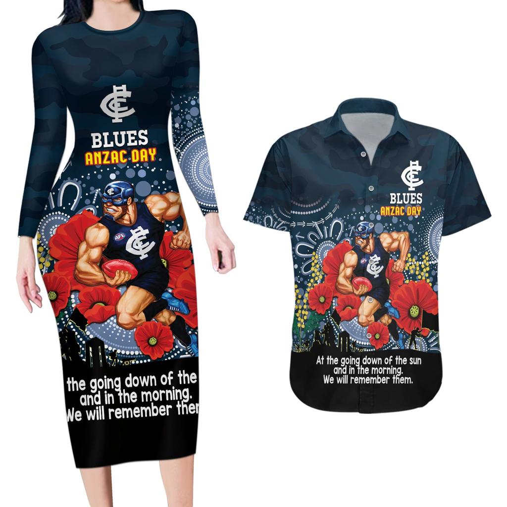 Custom Blues Football ANZAC Couples Matching Long Sleeve Bodycon Dress and Hawaiian Shirt Gallipoli Camouflage With Poppies