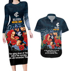 Custom Blues Football ANZAC Couples Matching Long Sleeve Bodycon Dress and Hawaiian Shirt Gallipoli Camouflage With Poppies