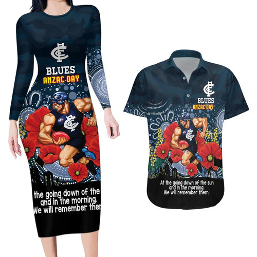 Custom Blues Football ANZAC Couples Matching Long Sleeve Bodycon Dress and Hawaiian Shirt Gallipoli Camouflage With Poppies