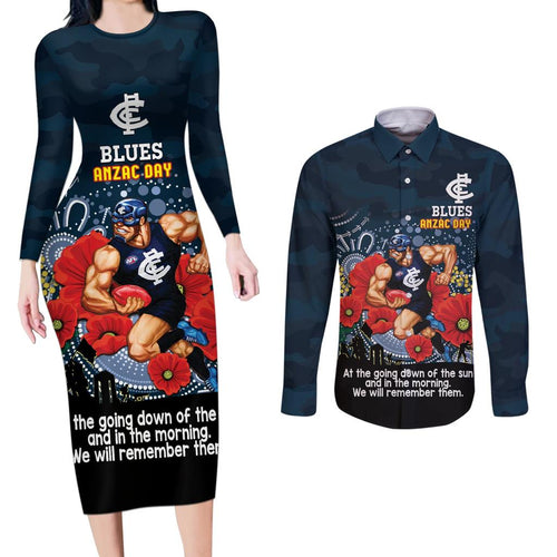 Custom Blues Football ANZAC Couples Matching Long Sleeve Bodycon Dress and Long Sleeve Button Shirt Gallipoli Camouflage With Poppies