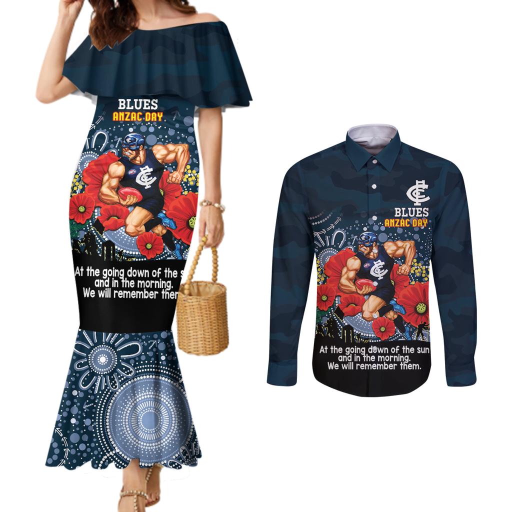 Custom Blues Football ANZAC Couples Matching Mermaid Dress and Long Sleeve Button Shirt Gallipoli Camouflage With Poppies