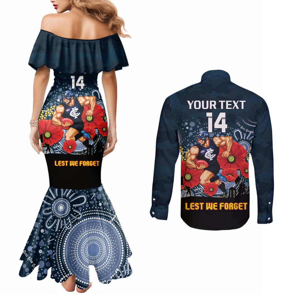 Custom Blues Football ANZAC Couples Matching Mermaid Dress and Long Sleeve Button Shirt Gallipoli Camouflage With Poppies