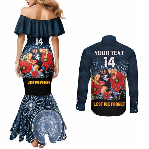 Custom Blues Football ANZAC Couples Matching Mermaid Dress and Long Sleeve Button Shirt Gallipoli Camouflage With Poppies