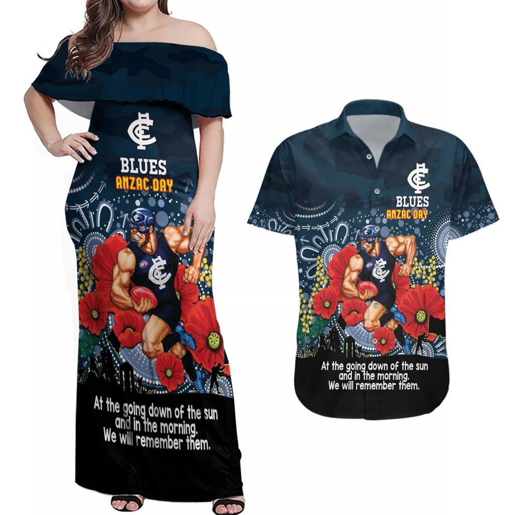 Custom Blues Football ANZAC Couples Matching Off Shoulder Maxi Dress and Hawaiian Shirt Gallipoli Camouflage With Poppies