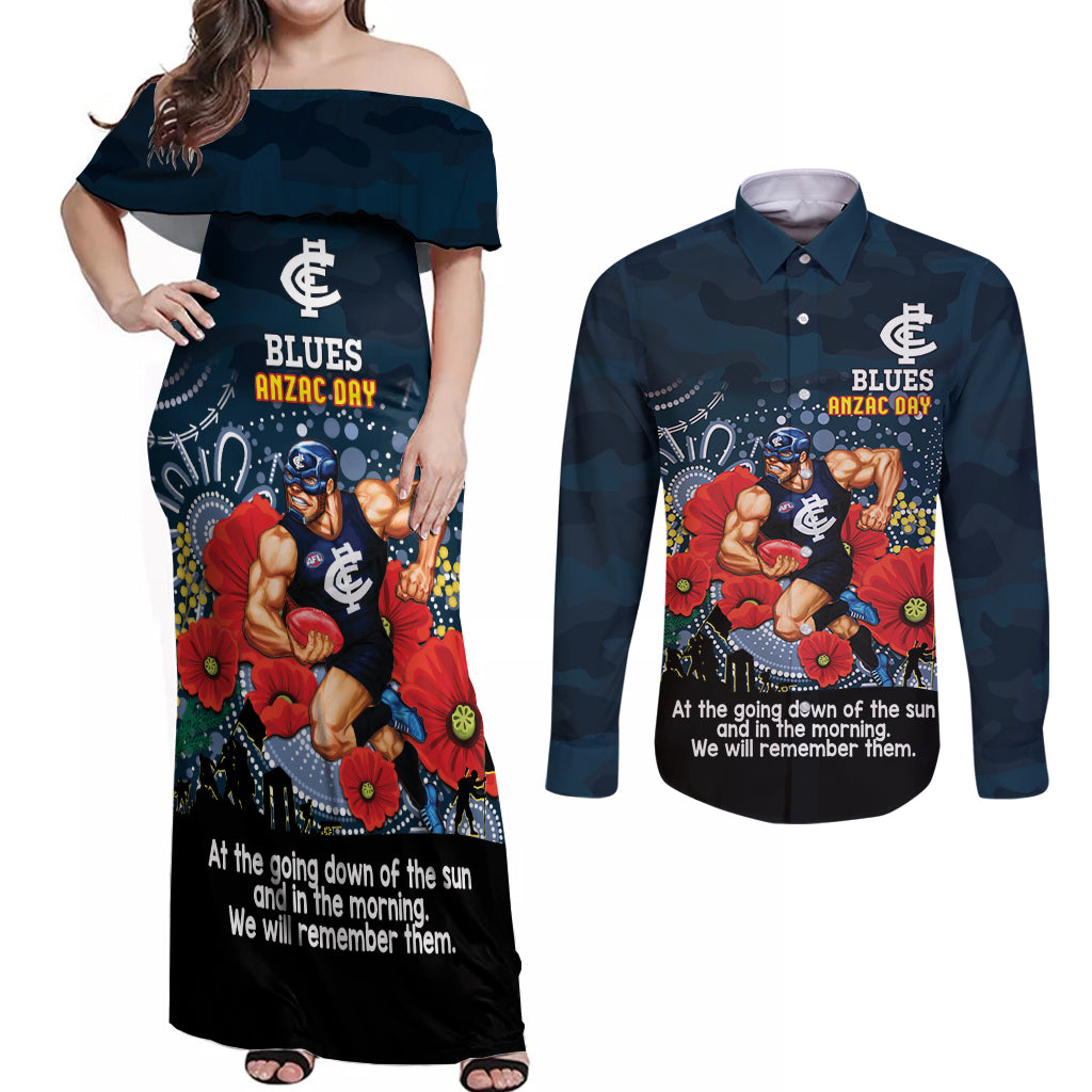 Custom Blues Football ANZAC Couples Matching Off Shoulder Maxi Dress and Long Sleeve Button Shirt Gallipoli Camouflage With Poppies