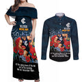 Custom Blues Football ANZAC Couples Matching Off Shoulder Maxi Dress and Long Sleeve Button Shirt Gallipoli Camouflage With Poppies