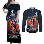 Custom Blues Football ANZAC Couples Matching Off Shoulder Maxi Dress and Long Sleeve Button Shirt Gallipoli Camouflage With Poppies