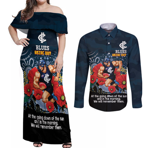 Custom Blues Football ANZAC Couples Matching Off Shoulder Maxi Dress and Long Sleeve Button Shirt Gallipoli Camouflage With Poppies