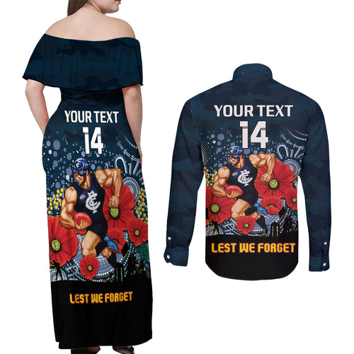 Custom Blues Football ANZAC Couples Matching Off Shoulder Maxi Dress and Long Sleeve Button Shirt Gallipoli Camouflage With Poppies