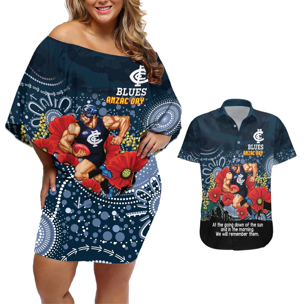 Custom Blues Football ANZAC Couples Matching Off Shoulder Short Dress and Hawaiian Shirt Gallipoli Camouflage With Poppies