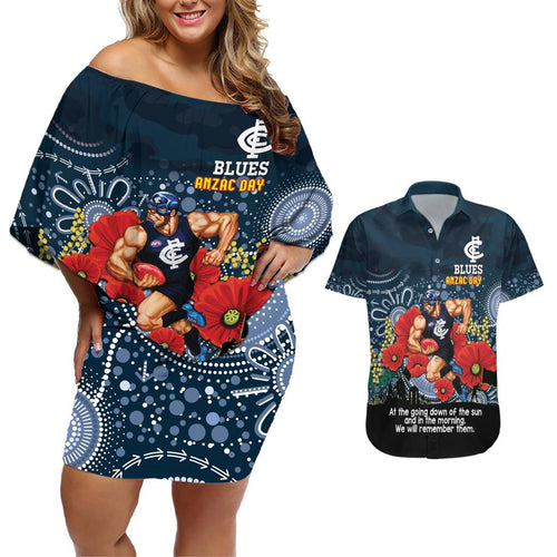 Custom Blues Football ANZAC Couples Matching Off Shoulder Short Dress and Hawaiian Shirt Gallipoli Camouflage With Poppies