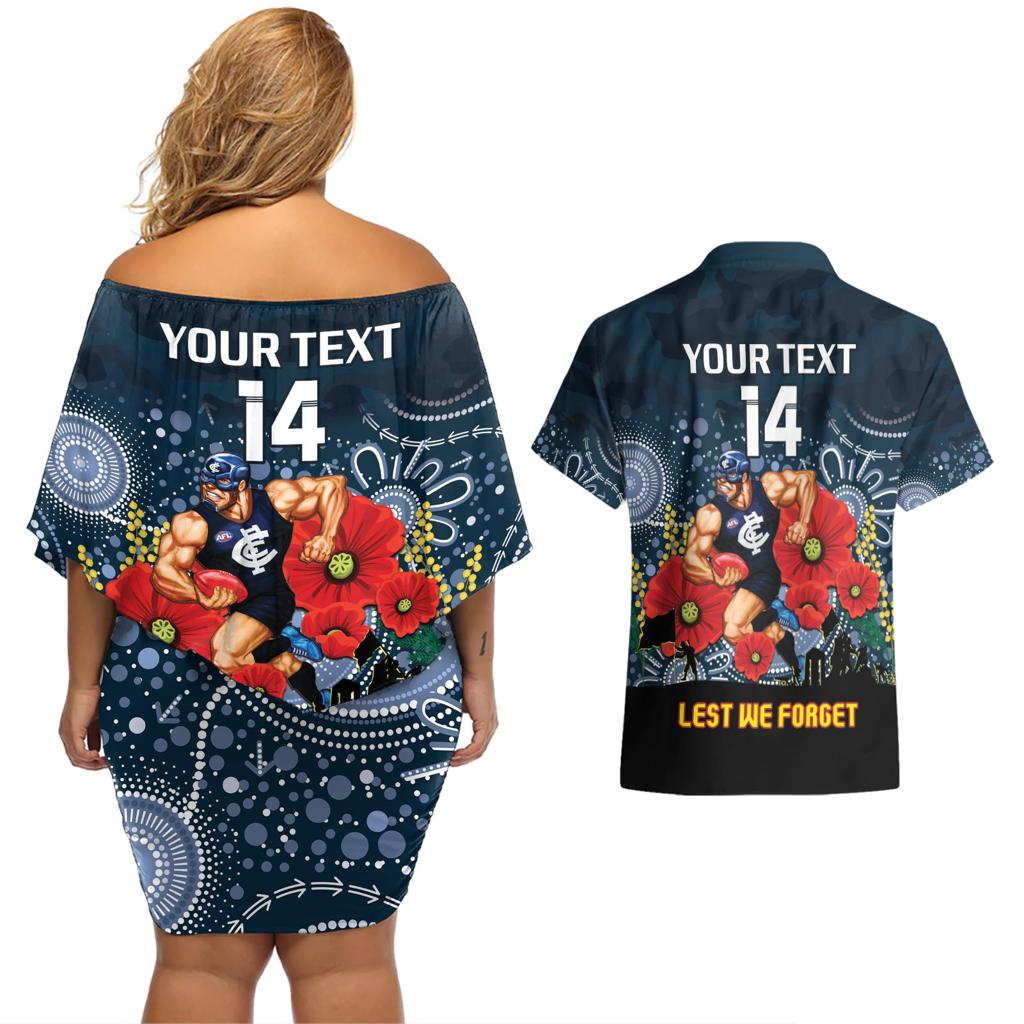 Custom Blues Football ANZAC Couples Matching Off Shoulder Short Dress and Hawaiian Shirt Gallipoli Camouflage With Poppies