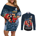 Custom Blues Football ANZAC Couples Matching Off Shoulder Short Dress and Long Sleeve Button Shirt Gallipoli Camouflage With Poppies