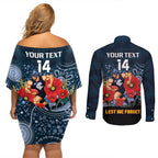 Custom Blues Football ANZAC Couples Matching Off Shoulder Short Dress and Long Sleeve Button Shirt Gallipoli Camouflage With Poppies