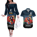 Custom Blues Football ANZAC Couples Matching Off The Shoulder Long Sleeve Dress and Hawaiian Shirt Gallipoli Camouflage With Poppies