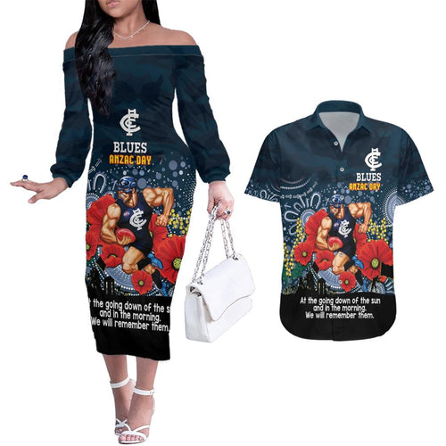 Custom Blues Football ANZAC Couples Matching Off The Shoulder Long Sleeve Dress and Hawaiian Shirt Gallipoli Camouflage With Poppies