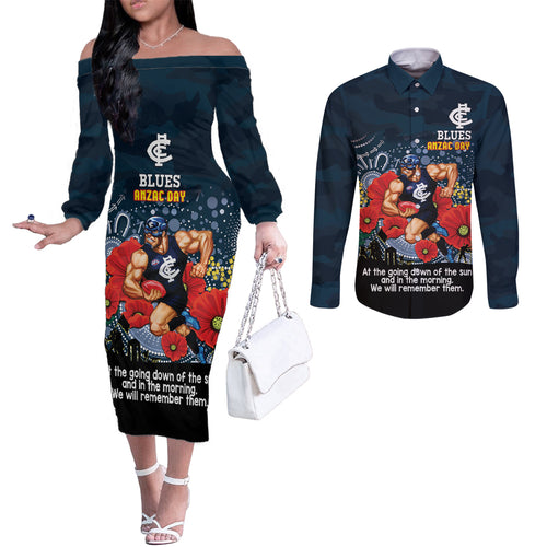 Custom Blues Football ANZAC Couples Matching Off The Shoulder Long Sleeve Dress and Long Sleeve Button Shirt Gallipoli Camouflage With Poppies