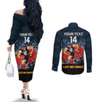Custom Blues Football ANZAC Couples Matching Off The Shoulder Long Sleeve Dress and Long Sleeve Button Shirt Gallipoli Camouflage With Poppies