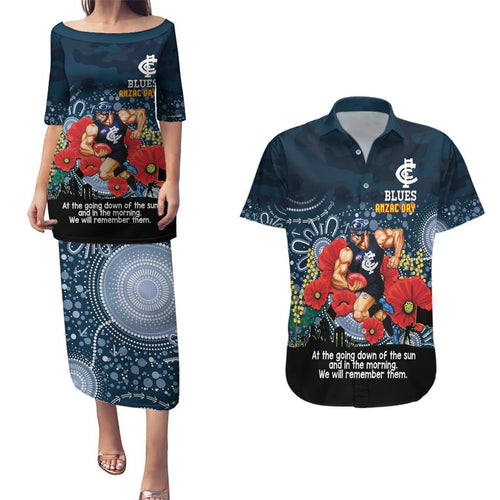 Custom Blues Football ANZAC Couples Matching Puletasi and Hawaiian Shirt Gallipoli Camouflage With Poppies
