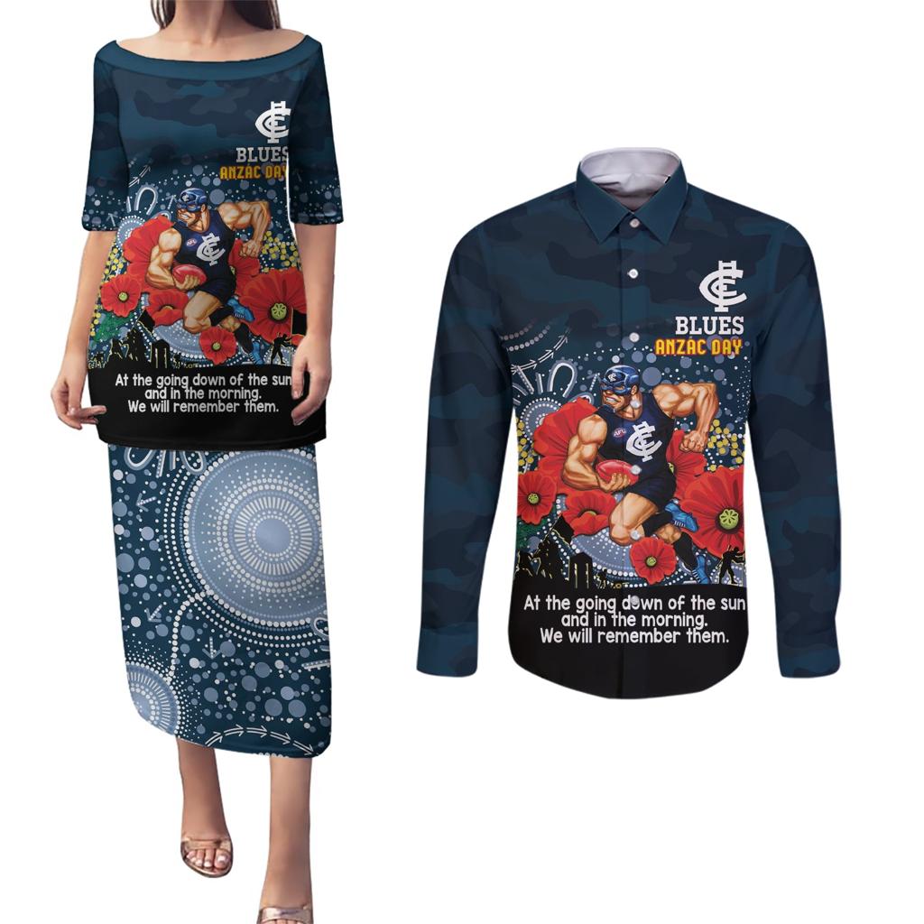 Custom Blues Football ANZAC Couples Matching Puletasi and Long Sleeve Button Shirt Gallipoli Camouflage With Poppies