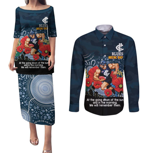 Custom Blues Football ANZAC Couples Matching Puletasi and Long Sleeve Button Shirt Gallipoli Camouflage With Poppies