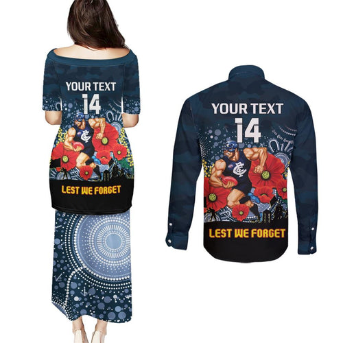 Custom Blues Football ANZAC Couples Matching Puletasi and Long Sleeve Button Shirt Gallipoli Camouflage With Poppies