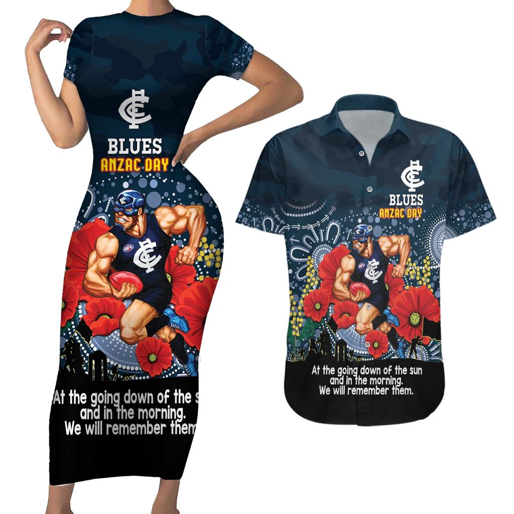 Custom Blues Football ANZAC Couples Matching Short Sleeve Bodycon Dress and Hawaiian Shirt Gallipoli Camouflage With Poppies