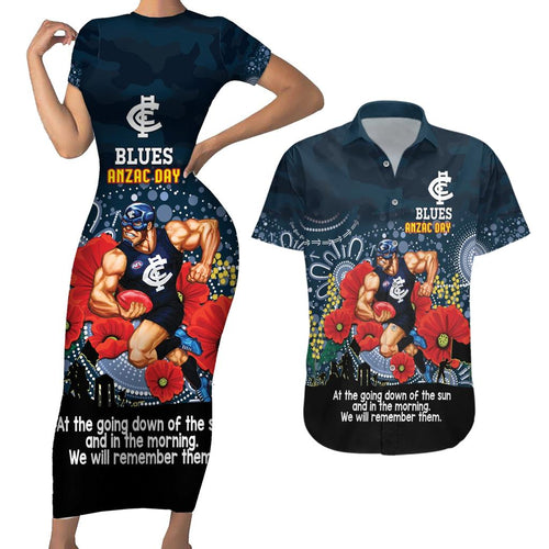 Custom Blues Football ANZAC Couples Matching Short Sleeve Bodycon Dress and Hawaiian Shirt Gallipoli Camouflage With Poppies